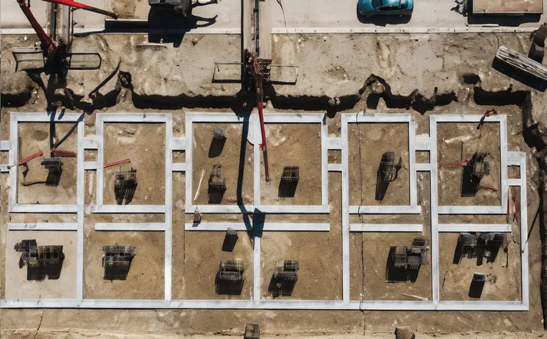 Construction site with foundation outlines, aerial view.