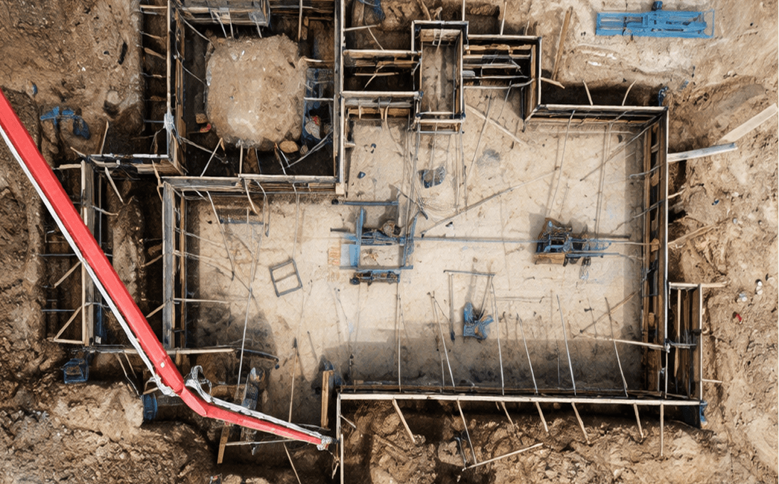 Aerial view of building foundation under construction.